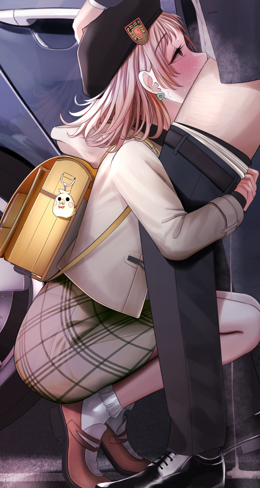 1boy 1girl absurdres backpack bag belt black_footwear black_headwear black_pants blush brown_footwear car clothes_pull cum cum_in_mouth cumdrip deepthroat earrings fellatio from_side grey_skirt hand_on_another&#039;s_head hat heavy_breathing hetero highres hood hooded_jacket hug_and_suck idolmaster idolmaster_shiny_colors jacket jewelry light_brown_hair long_sleeves motor_vehicle open_clothes open_jacket oral outdoors pants pants_pull public_indecency randoseru sakuragi_mano shoes skirt socks squatting tiptoes turisasu white_legwear yellow_bag