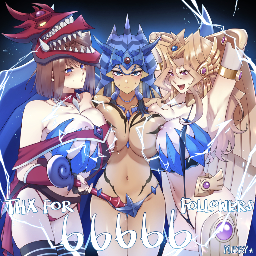 3girls alternate_breast_size alternate_costume armlet arms_behind_head artist_name black_hair blonde_hair blue_eyes blush breast_press breasts brown_hair choker comic cosplay dark-skinned_female dark_skin electricity groping hair_tubes highres holding holding_wand ishizu_ishtar jewelry kujaku_mai large_breasts long_hair mazaki_anzu mibry_(phrysm) multiple_girls nipples obelisk_the_tormentor obelisk_the_tormentor_(cosplay) osiris_the_sky_dragon osiris_the_sky_dragon_(cosplay) short_hair slingshot_swimsuit sweat swimsuit symmetrical_docking the_winged_dragon_of_ra the_winged_dragon_of_ra_(cosplay) thighhighs wand yu-gi-oh! yu-gi-oh!_duel_monsters