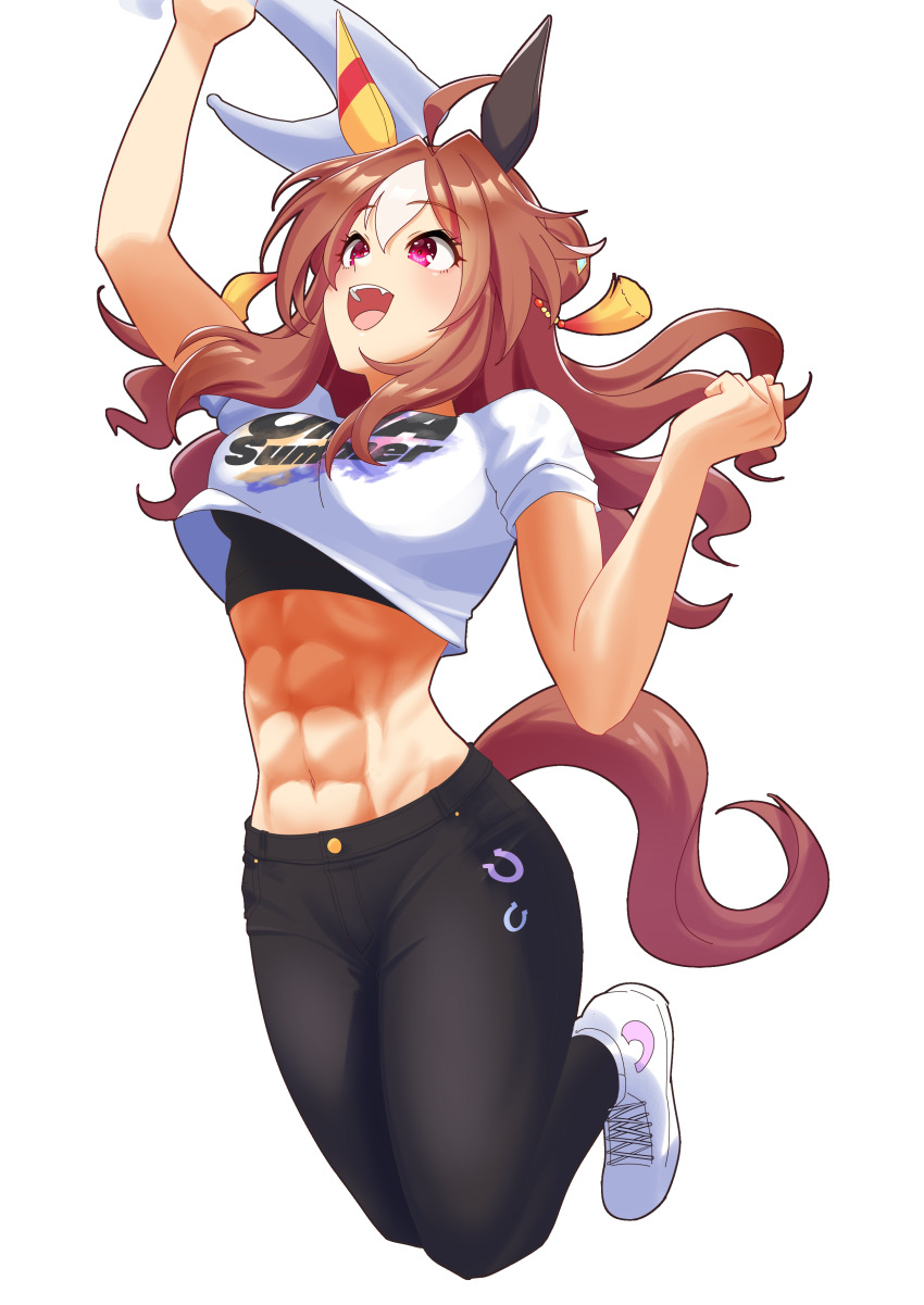 1girl abs absurdres animal_ears arms_up black_pants breasts brown_hair clenched_hand commentary_request copano_rickey_(umamusume) double_bun ear_covers ear_ornament full_body hair_between_eyes hair_bun hair_ornament highres horse_ears horse_girl horse_tail long_hair medium_breasts midair multicolored_hair navel pants senchan_7 shirt shoes short_sleeves simple_background sneakers solo stomach streaked_hair tail tassel tassel_hair_ornament uma_summer_(umamusume) umamusume white_background white_footwear white_hair white_shirt