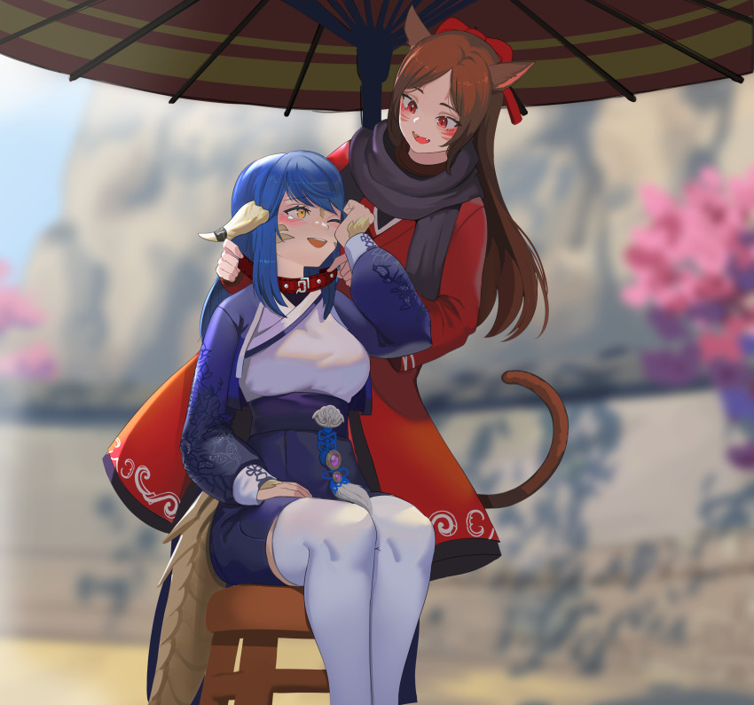 2girls absurdres animal_ears aoshiseven au_ra warrior_of_light_(ff14) blue_hair blush brown_hair cat_ears cat_tail collar dress final_fantasy final_fantasy_xiv hair_ornament happy_tears highres horns jewelry kalandria_karinael miqo&#039;te multiple_girls outdoors red_eyes scales tail tears thighhighs vivian_yorshka yellow_eyes