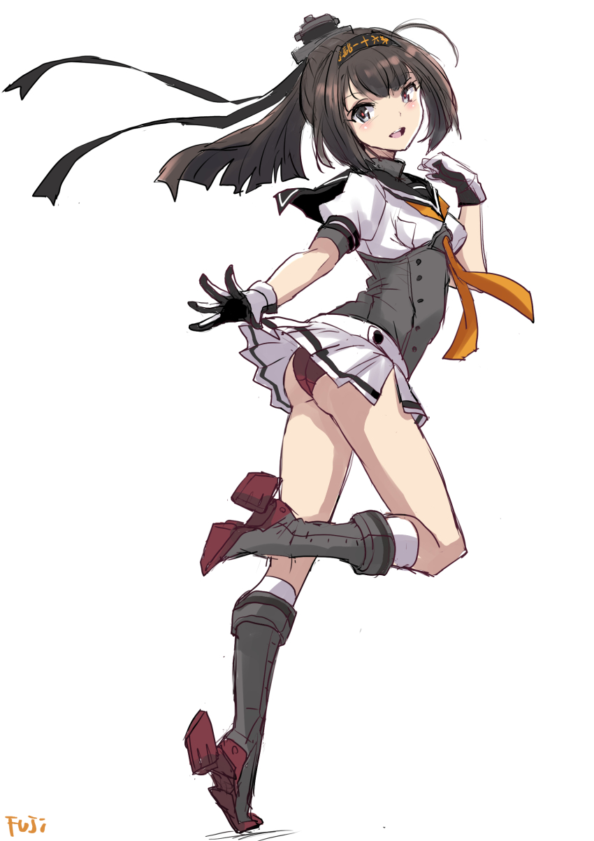 1girl akizuki_(kancolle) ass black_hair black_headband black_sailor_collar commentary_request corset fuji_(pixiv24804665) full_body gloves grey_eyes headband highres kantai_collection long_hair looking_at_viewer looking_back multicolored_clothes multicolored_gloves neckerchief orange_neckerchief panties ponytail red_panties rudder_footwear running sailor_collar school_uniform serafuku simple_background skirt smile solo two-tone_gloves underwear white_background white_skirt