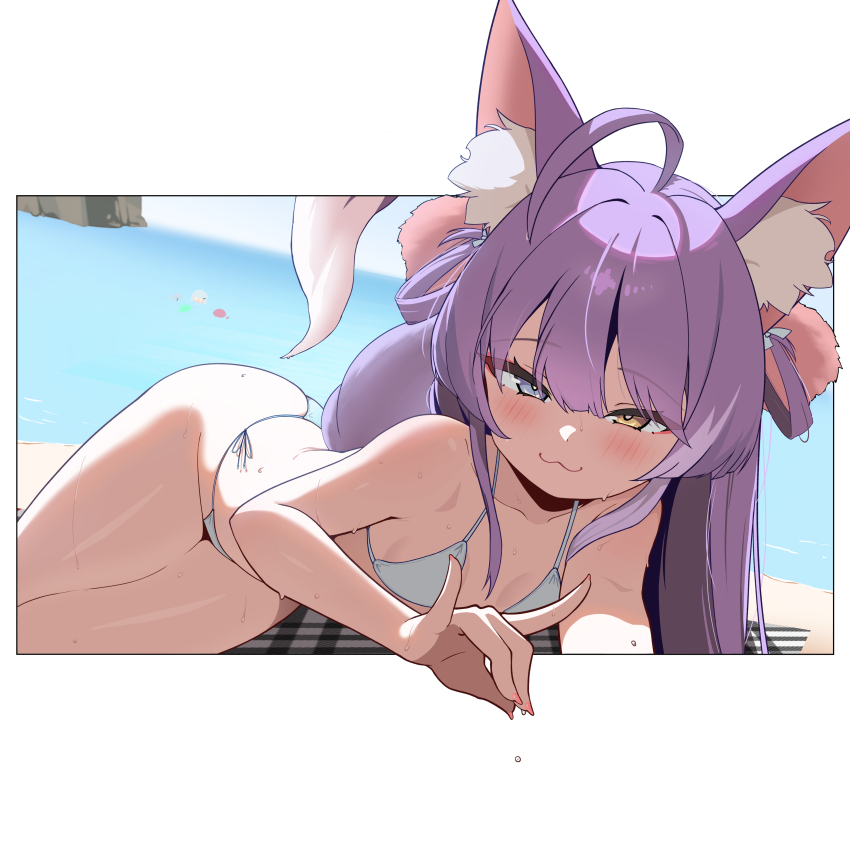 1girl :3 absurdres ahoge animal_ears beach bikini blue_eyes breasts fox_ears fox_girl fox_shadow_puppet fox_tail heterochromia highres long_hair looking_at_viewer ocean purple_hair schwarz_rubin small_breasts smile stellive swimsuit tail tenko_shibuki virtual_youtuber wet white_bikini yellow_eyes