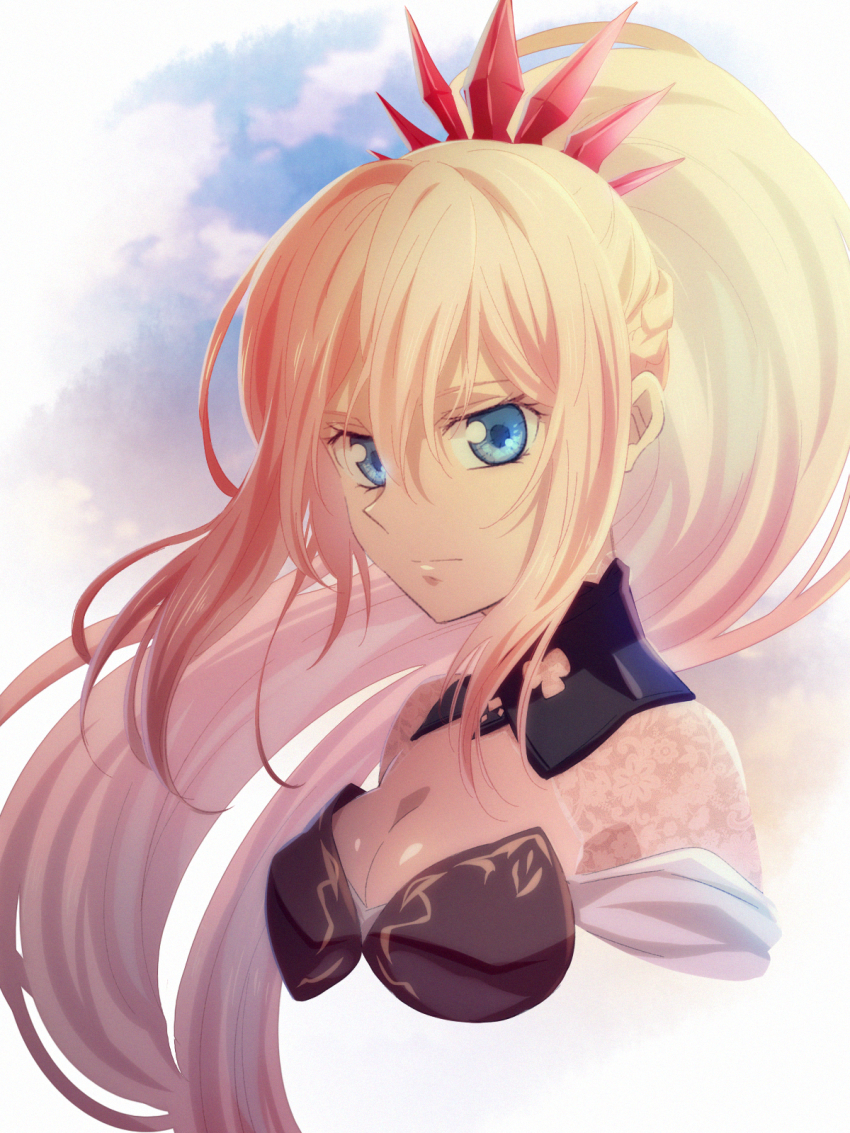 1girl blonde_hair blue_eyes braid breasts cleavage closed_mouth cropped_torso floating_hair hair_between_eyes hair_ornament high_ponytail highres long_hair medium_breasts pochi-a shionne_(tales) solo tales_of_(series) tales_of_arise very_long_hair