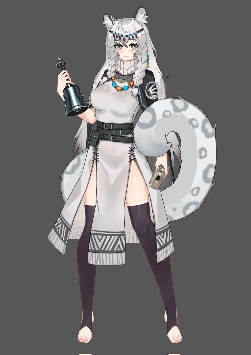 animal_ear_fluff animal_ears arknights belt braid breasts capelet dress grey_eyes highres hip_vent holding jewelry leopard_tail light_smile long_hair multiple_belts muusn necklace pramanix_(arknights) side_braids simple_background snow_leopard_ears snow_leopard_tail standing tail thighhighs thighs toeless_legwear turtleneck white_hair