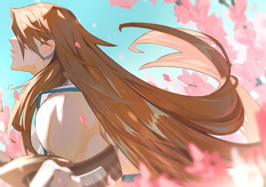 1boy absurdres arm_strap bow_(weapon) brown_hair cherry_blossoms chiron_(fate) day falling_petals fate/grand_order fate_(series) floating_hair flower from_side hair_over_eyes haruakira highres holding holding_bow_(weapon) holding_weapon light_smile long_hair low-tied_long_hair male_focus parted_lips petals pink_flower profile sleeveless solo tunic upper_body weapon white_tunic