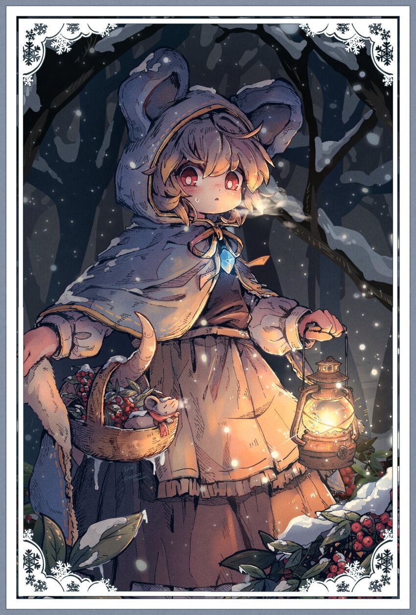 1girl animal_ears apron basket black_skirt blush bright_pupils capelet commentary_request grey_capelet grey_hair highres holding holding_basket holding_lantern lantern leaf long_sleeves mame_komari mouse_(animal) mouse_ears mouse_tail nazrin outdoors prehensile_tail red_eyes shirt short_hair skirt snow snowflakes tail touhou waist_apron white_apron white_shirt winter