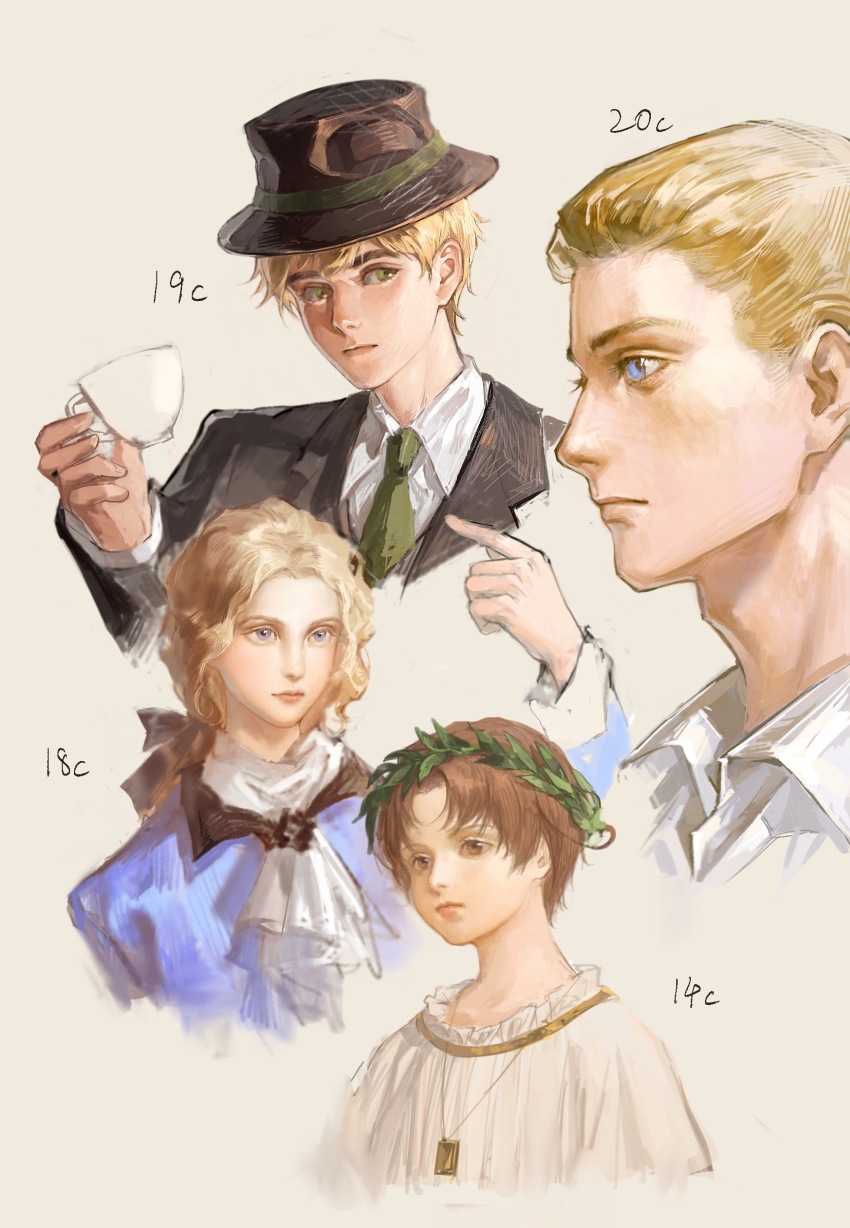 4boys absurdres aged_down ahoge ascot axis_powers_hetalia blonde_hair blue_eyes brown_eyes brown_hair child collared_shirt cup france_(hetalia) germany_(hetalia) green_eyes grey_background hair_slicked_back hat highres holding holding_cup jacket jewelry laurel_crown lixiaogugu male_focus multiple_boys necklace necktie northern_italy_(hetalia) purple_eyes shirt short_hair simple_background teacup thick_eyebrows united_kingdom_(hetalia)