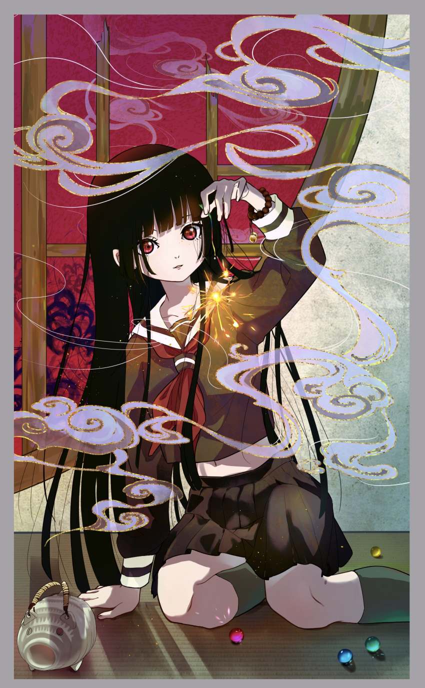 1girl absurdres black_hair black_serafuku blunt_bangs enma_ai fireworks flower highres hime_cut jigoku_shoujo long_hair marble_(toy) midriff navel official_style red_eyes sailor scenery school_uniform serafuku solo spider_lily user_yszv7883