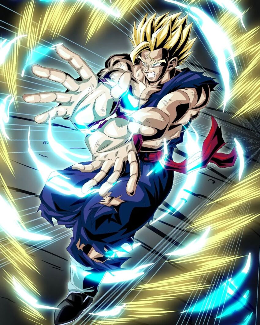 1boy angry aura blonde_hair dragon_ball green_eyes highres kamehameha_(dragon_ball) muscular muscular_male scratches serious solo son_gohan super_saiyan