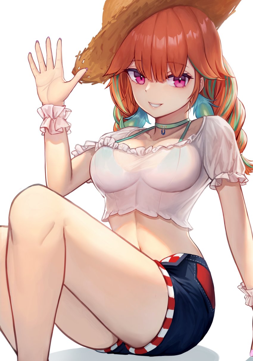 1girl absurdres ahaha_kun bare_legs bikini bikini_under_clothes braid breasts choker cleavage collarbone crop_top denim denim_shorts earrings feather_earrings feathers frills green_bikini green_hair grin hat highres hololive hololive_english jewelry legs_together linea_alba long_hair looking_at_viewer medium_breasts midriff multicolored_hair nail_polish navel open_fly orange_hair purple_eyes purple_nails scoop_neck scrunchie see-through_clothes see-through_shirt shirt short_shorts short_sleeves shorts sitting smile straw_hat sun_hat swimsuit takanashi_kiara takanashi_kiara_(casual) twin_braids two-tone_hair virtual_youtuber waving white_shirt wrist_scrunchie