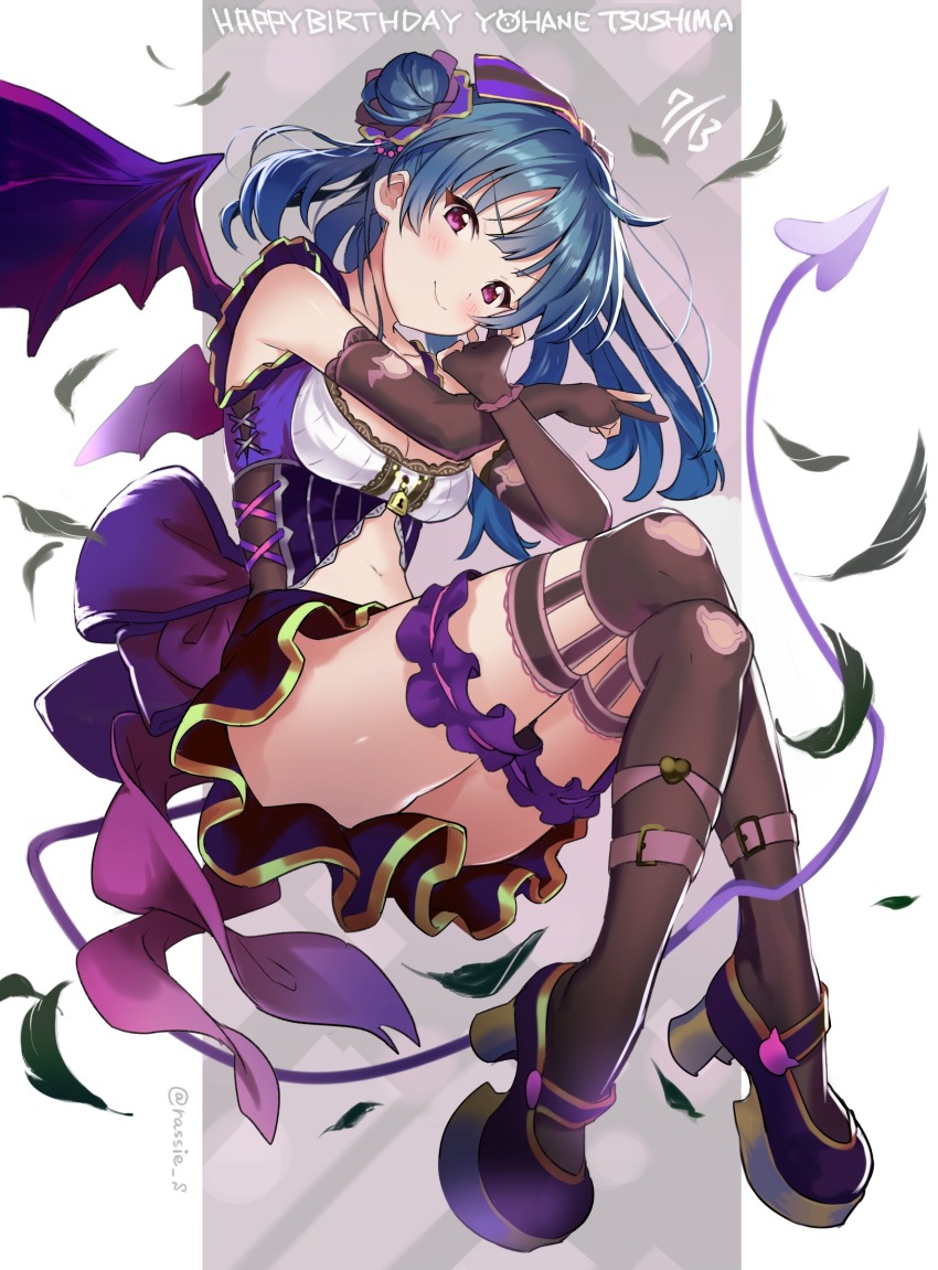 1girl artist_name artist_request back_bow bare_shoulders black_feathers black_gloves black_thighhighs blue_hair blush boots bow breasts cross-laced_clothes cross-laced_dress dress elbow_gloves feathers female_focus fingerless_gloves frilled_dress frills full_body gloves hair_bun highres keyhole long_hair looking_at_viewer love_live! love_live!_school_idol_festival love_live!_sunshine!! medium_breasts parted_lips purple_bow purple_eyes purple_footwear purple_wings rassie_s single_hair_bun smile solo tail thighhighs tsushima_yoshiko wings