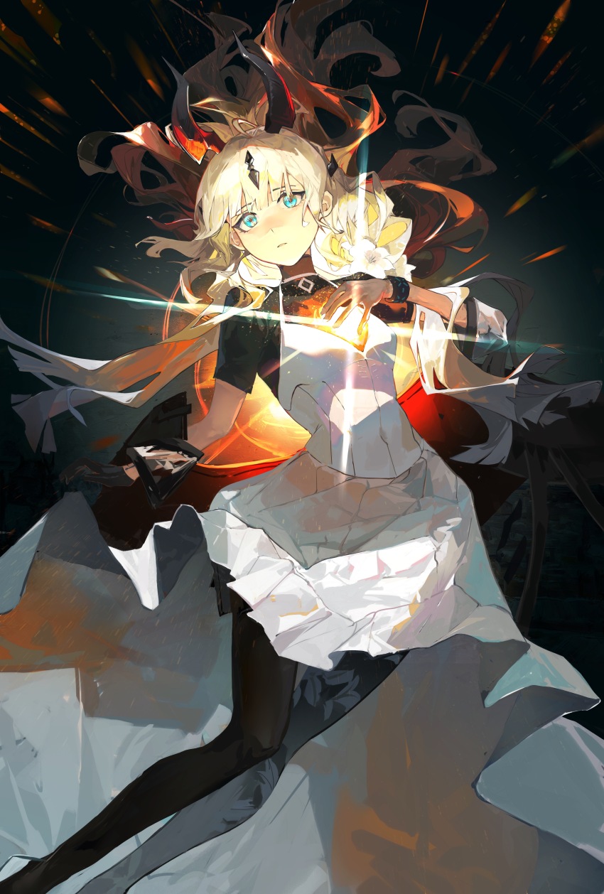 1girl absurdres ahoge arknights black_gloves black_pantyhose black_undershirt blonde_hair blue_eyes blunt_bangs bracelet breasts dragon_girl dragon_horns dress feet_out_of_frame floating_hair floral_print gloves glowing_chest halter_dress halterneck hand_on_own_chest headpiece highres horns infection_monitor_(arknights) jewelry kiolkoooo lens_flare long_hair looking_at_viewer open_mouth pantyhose print_pantyhose reed_(arknights) reed_the_flame_shadow_(arknights) short_sleeves single_glove small_breasts solo white_dress