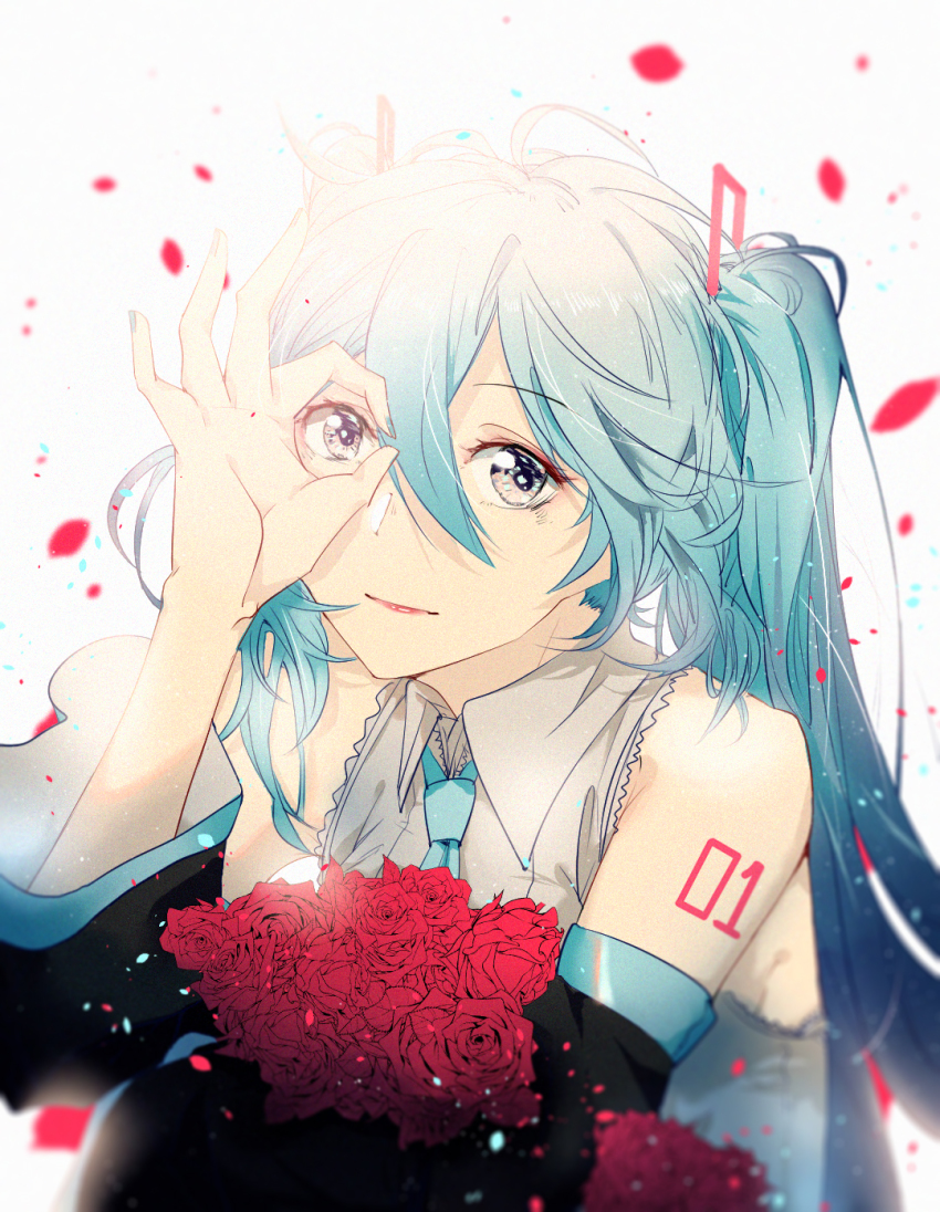 1girl aqua_eyes aqua_hair aqua_nails aqua_necktie bare_shoulders black_sleeves blouse blurry bouquet commentary depth_of_field detached_sleeves english_commentary falling_petals flower grey_shirt hair_ornament hand_over_eye hatsune_miku highres holding holding_bouquet jinyunrex lipstick long_hair looking_at_viewer makeup nail_polish necktie number_tattoo ok_sign ok_sign_over_eye petals portrait red_flower red_rose rose shirt shoulder_tattoo sleeveless sleeveless_shirt solo tattoo twintails very_long_hair vocaloid white_background