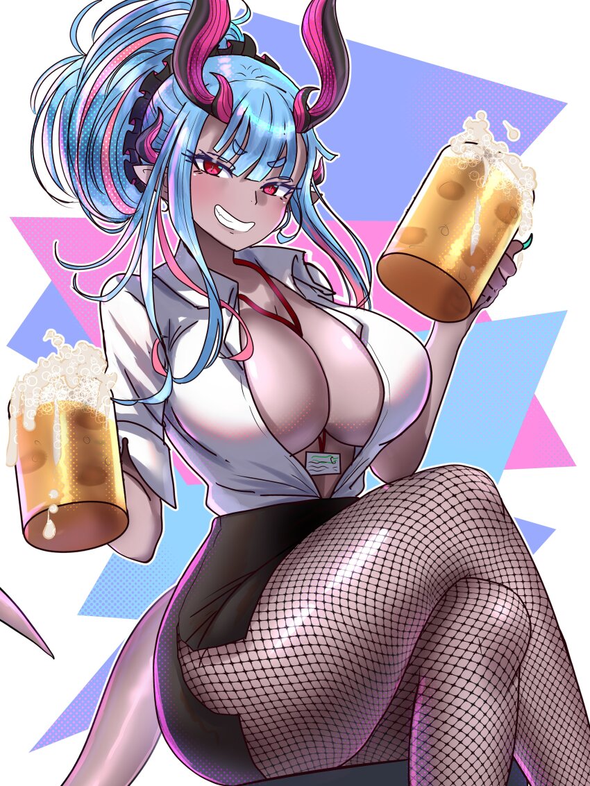 1girl absurdres alcohol beer beer_mug black_skirt blue_hair blush breasts choker cleavage collared_shirt colored_skin crossed_legs cup dress_shirt ebora fate/grand_order fate_(series) fishnet_pantyhose fishnets grey_skin grin hair_bun highres horns ibuki_douji_(event_portrait)_(fate) ibuki_douji_(fate) large_breasts long_hair long_sleeves looking_at_viewer miniskirt mug multicolored_hair office_lady oni pantyhose pencil_skirt pink_hair pointy_ears red_eyes shirt sidelocks single_hair_bun skirt smile solo tail thighs white_shirt