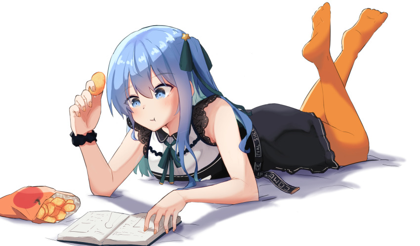 absurdres belt blue_eyes blue_hair book chips_(food) collared_dress dress eating food highres hololive hoshimachi_suisei hoshimachi_suisei_(casual) lying miaoema nail_polish orange_pantyhose pantyhose potato_chips ribbon skirt solo star_(symbol) star_in_eye stocks symbol_in_eye virtual_youtuber