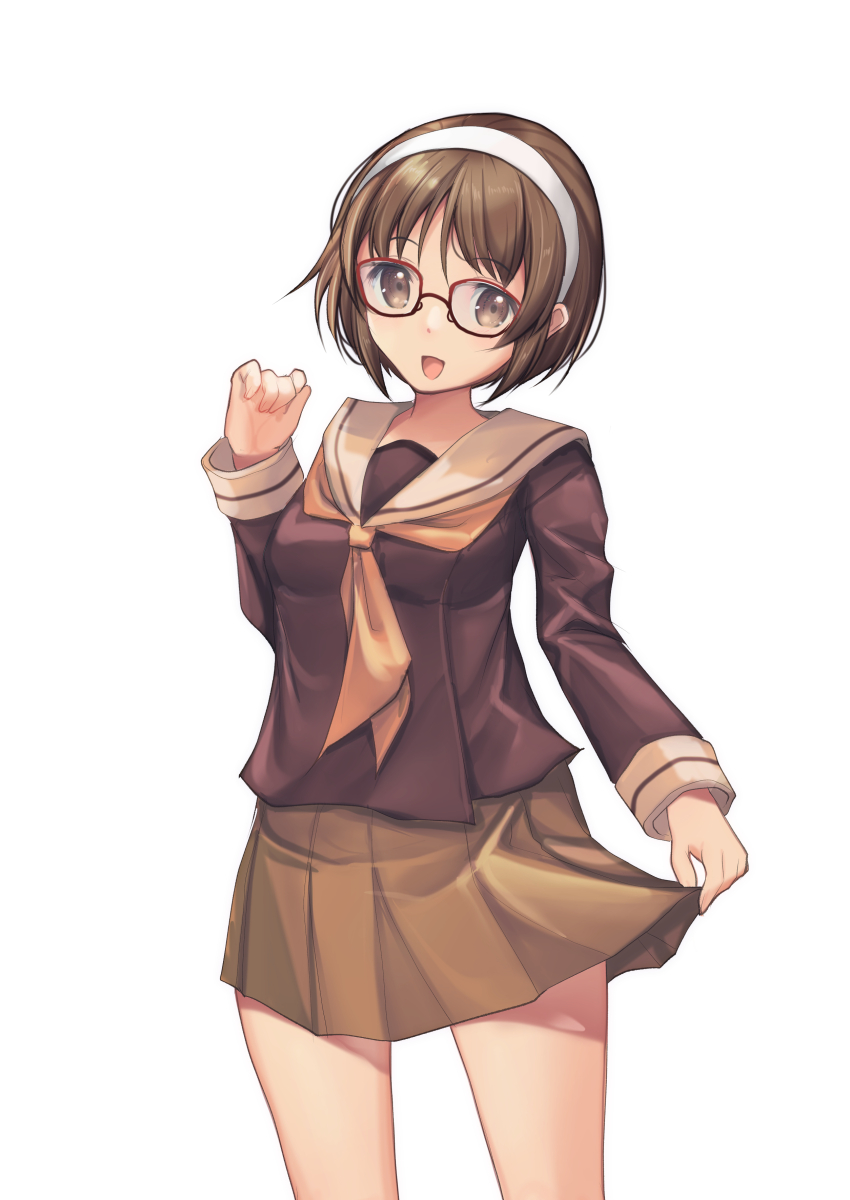 1girl absurdres bespectacled brooklyn brown_hair brown_sailor_collar brown_shirt brown_skirt cosplay cowboy_shot glasses hairband highres kantai_collection mikuma_(kancolle) mikuma_(kancolle)_(cosplay) mikuma_kai_ni_(kancolle) mikuma_kai_ni_(kancolle)_(cosplay) natori_(kancolle) neckerchief orange_neckerchief pleated_skirt sailor_collar sailor_shirt school_uniform serafuku shirt short_hair simple_background skirt skirt_hold solo white_background white_hairband yashin_(yasinz)