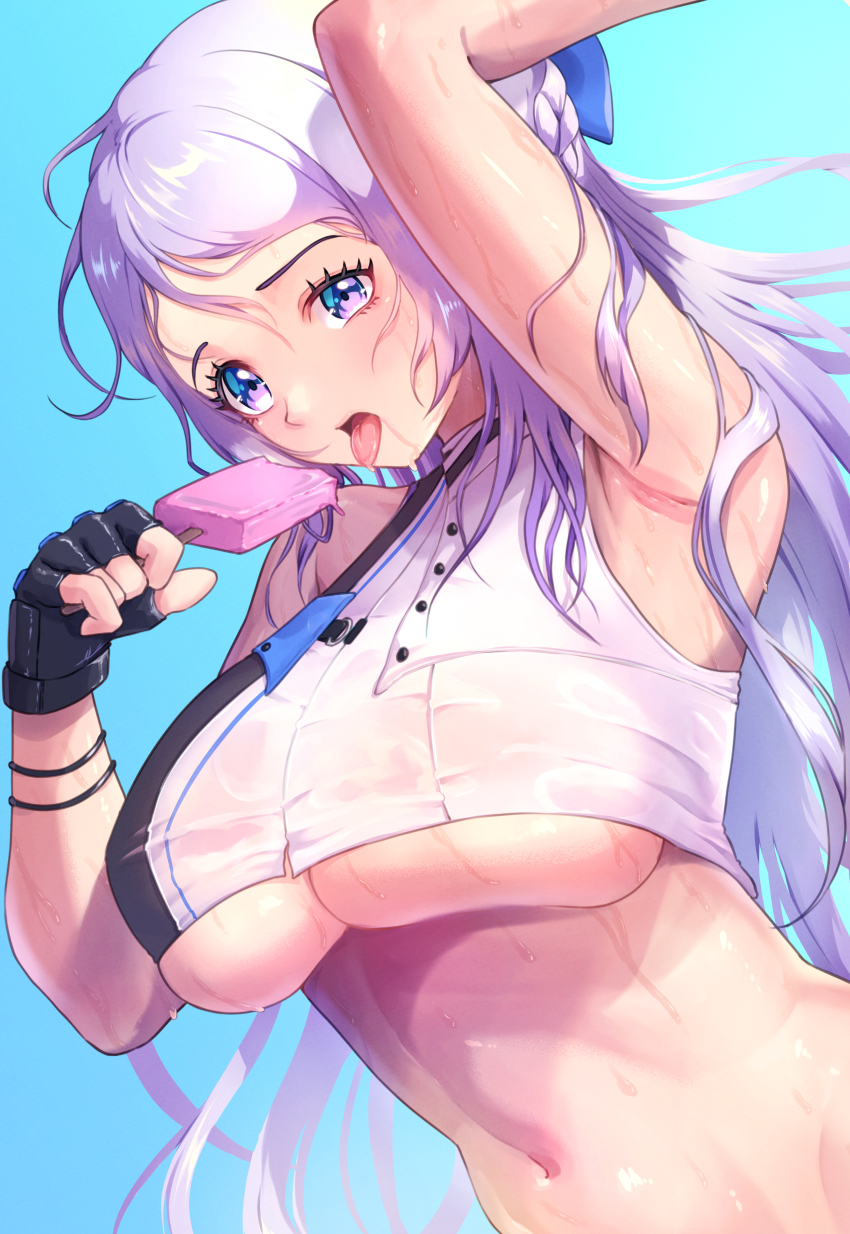 1girl absurdres aowa_(dakahi1009) arm_up armpits bare_shoulders black_gloves blue_background blue_bow bow braid breasts commentary_request crop_top cropped_shirt fingerless_gloves folkwang_(nikke) food gloves goddess_of_victory:_nikke grey_hair hair_bow highres holding holding_food holding_popsicle large_breasts long_hair looking_at_viewer navel open_mouth popsicle purple_eyes see-through_clothes see-through_shirt shirt sidelocks simple_background sleeveless sleeveless_shirt solo standing stomach sweat tongue tongue_out underboob upper_body wet wet_clothes wet_shirt white_shirt