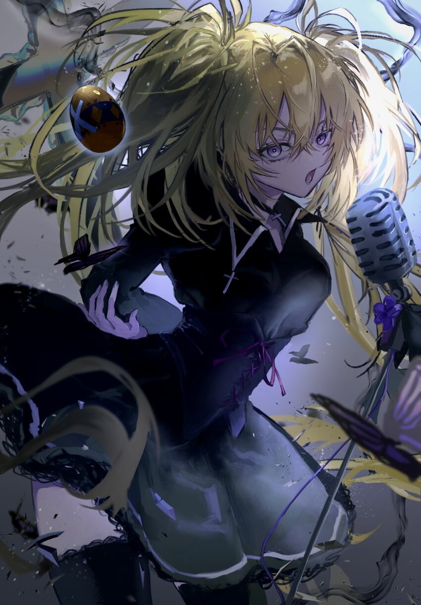 1girl arms_behind_head black_dress black_thighhighs blonde_hair bug butterfly collared_dress dress hair_between_eyes hashtag-only_commentary highres hoshina_utau hozo_nanata insect looking_at_viewer microphone music open_mouth purple_eyes shugo_chara! singing solo thighhighs twintails vintage_microphone x-egg_(shugo_chara!)