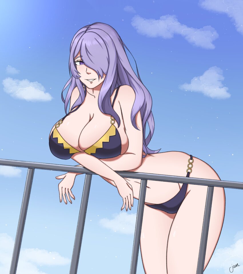 1girl absurdres alternate_costume artwork_jam bikini breasts camilla_(fire_emblem) camilla_(tropical_beauty)_(fire_emblem) female_focus fire_emblem fire_emblem_fates fire_emblem_heroes highres large_breasts nintendo official_alternate_costume purple_bikini purple_eyes purple_hair purple_swimsuit swimsuit