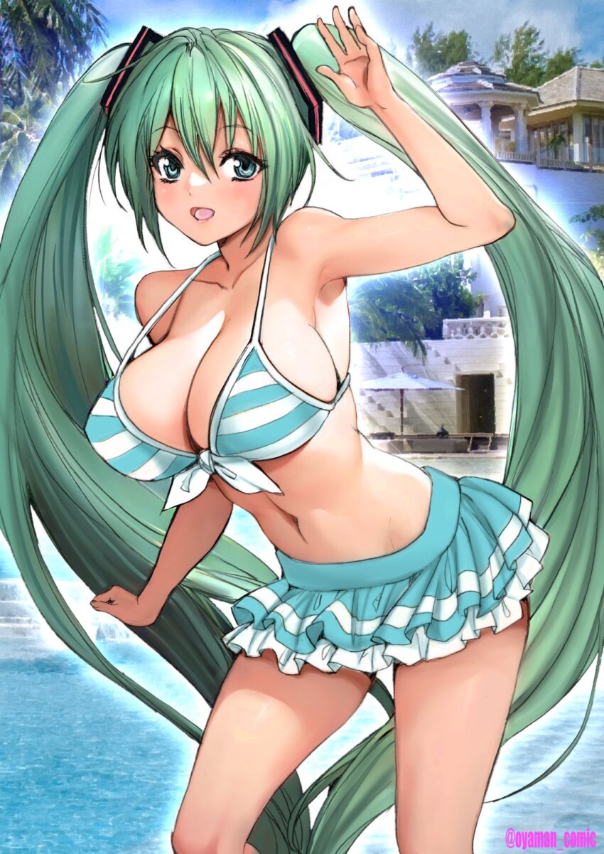 1girl aqua_eyes aqua_hair arm_up armpits bikini bikini_skirt breasts cleavage collarbone hatsune_miku highres long_hair looking_at_viewer microskirt midriff navel open_mouth oyaman pool skirt smile solo swimsuit tagme twintails very_long_hair vocaloid