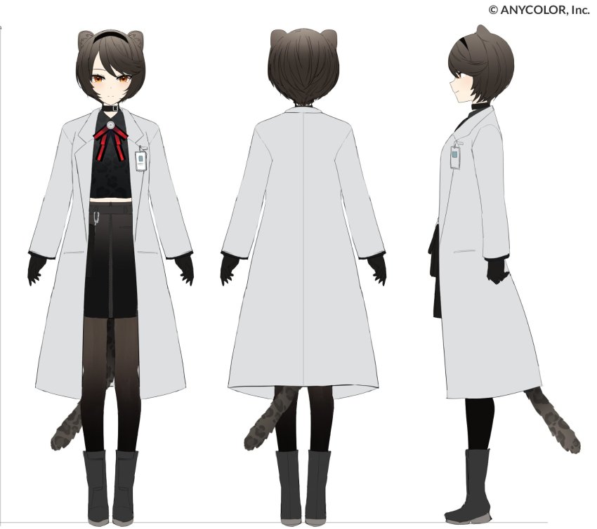 1girl animal_ear_fluff animal_ears black_footwear black_gloves black_pantyhose black_skirt boots brown_eyes brown_hair character_sheet coat collar full_body gloves highres hyona_elatiora id_card jun_project lab_coat leaning_back long_sleeves midriff_peek multiple_views navel nijisanji nijisanji_id official_art panther_ears panther_girl panther_tail pantyhose short_hair skirt smile standing tail virtual_youtuber white_background white_coat