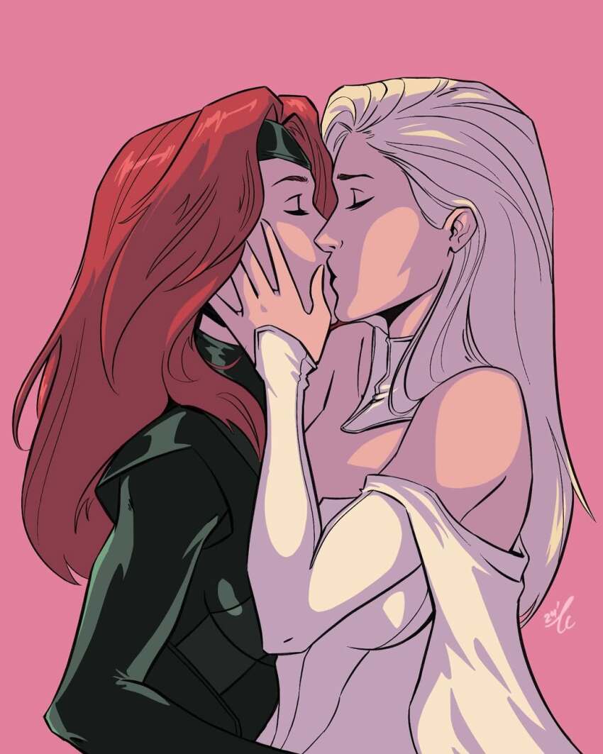 2girls breasts closed_eyes dress emma_frost hand_on_another&#039;s_face highres jean_grey kiss long_hair marvel medium_breasts multiple_girls pink_background red_hair signature simple_background tccartt upper_body white_hair x-men yuri