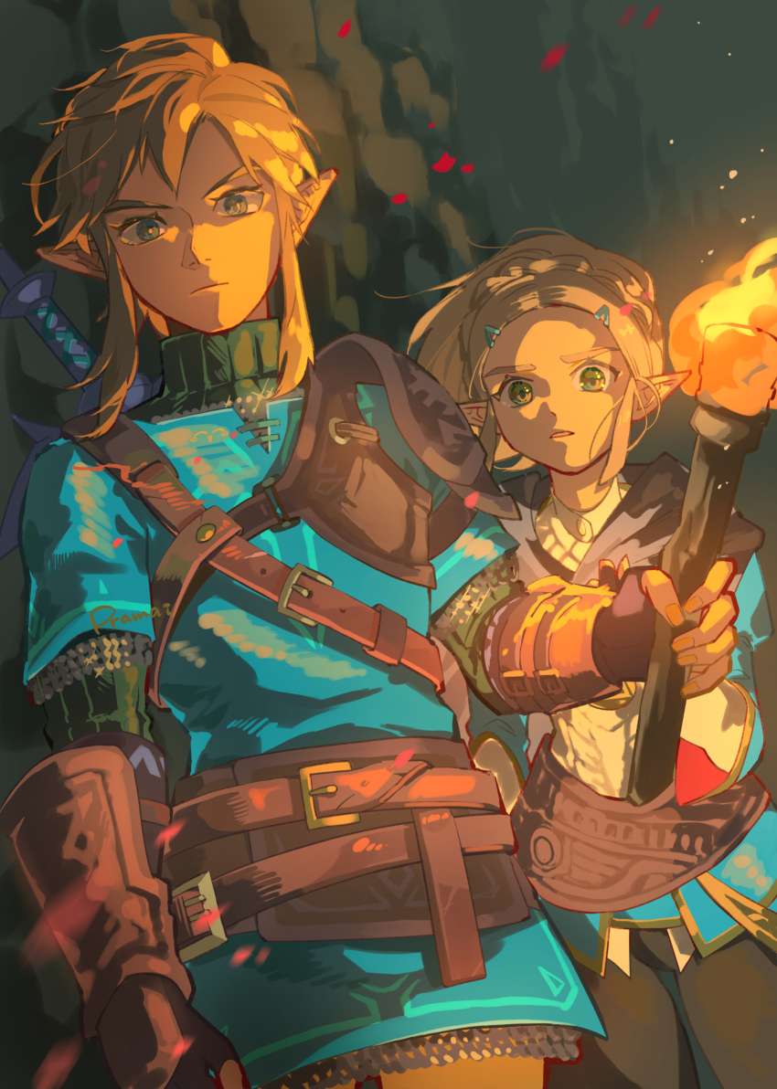 1boy 1girl armor belt black_cape blonde_hair blue_eyes blue_tunic brown_belt brown_gloves cape chainmail champion&#039;s_tunic_(zelda) closed_mouth commentary_request embers fingerless_gloves gloves green_eyes hair_ornament hairclip highres holding holding_torch layered_sleeves link long_hair long_sleeves looking_at_viewer master_sword nintendo pointy_ears pra_11 princess_zelda short_hair short_over_long_sleeves short_sleeves shoulder_belt solo sword the_legend_of_zelda the_legend_of_zelda:_tears_of_the_kingdom torch tunic very_long_hair weapon weapon_on_back