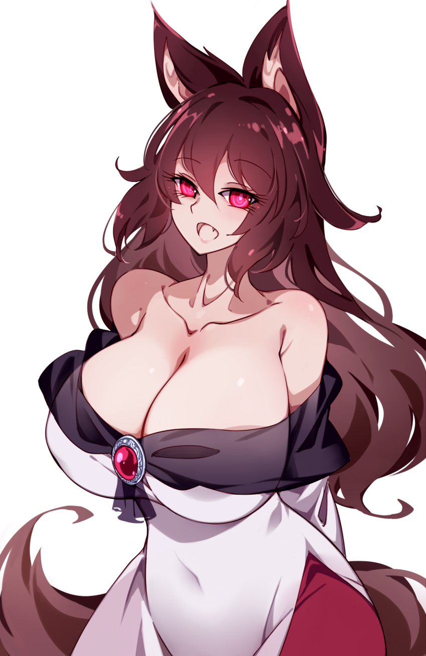 1girl animal_ears breasts brooch brown_hair cleavage collarbone dress highres imaizumi_kagerou jewelry large_breasts long_sleeves looking_at_viewer off-shoulder_dress off_shoulder open_mouth raptor7 red_eyes tail touhou wide_sleeves wolf_ears wolf_girl wolf_tail