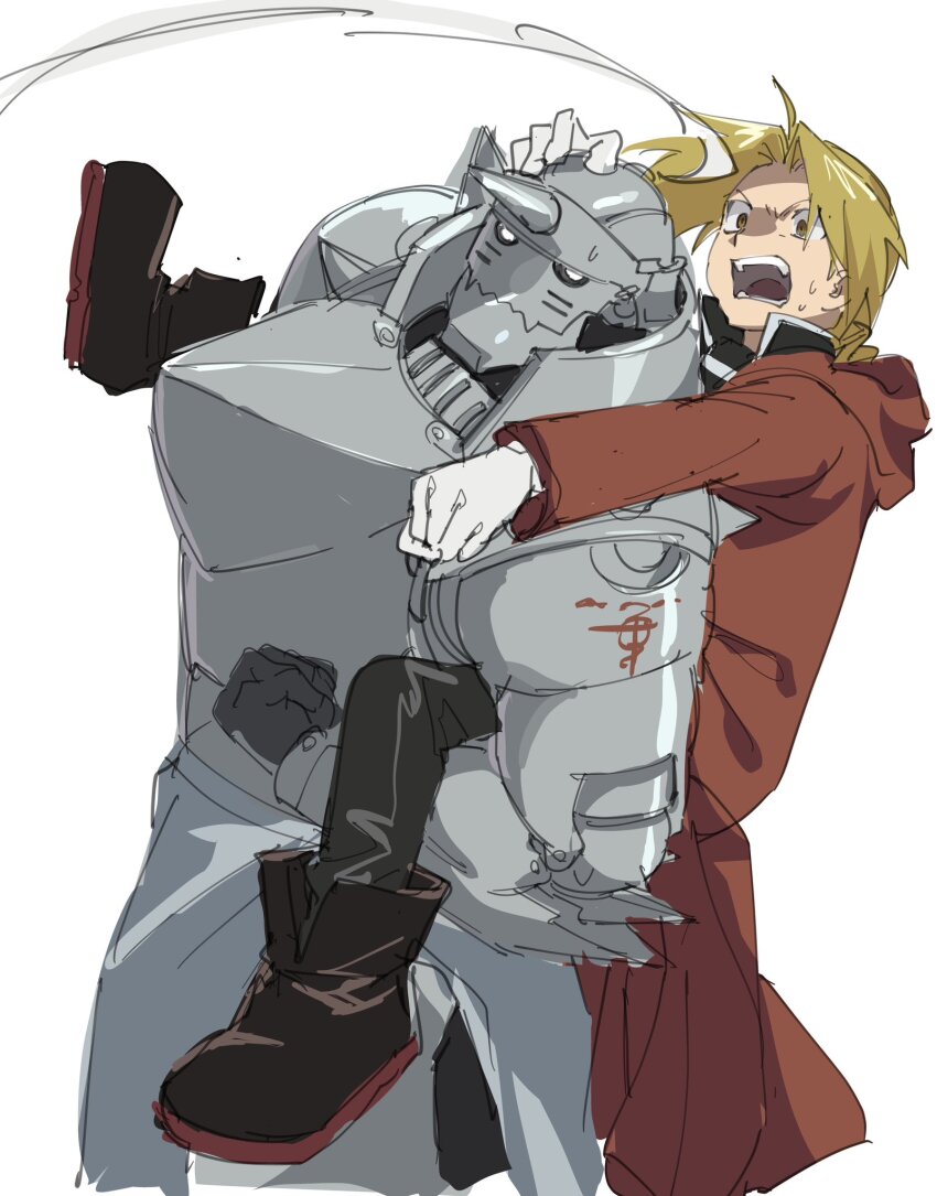 ahoge alphonse_elric armor black_footwear black_pants blonde_hair braid brothers brown_eyes carrying coat edward_elric full_armor full_body fullmetal_alchemist furrowed_brow gloves helmet highres hood hood_down hooded_coat long_hair mmm_b0 open_mouth pants parted_bangs piggyback plate_armor red_coat siblings single_braid sketch sweatdrop upper_body white_eyes white_gloves