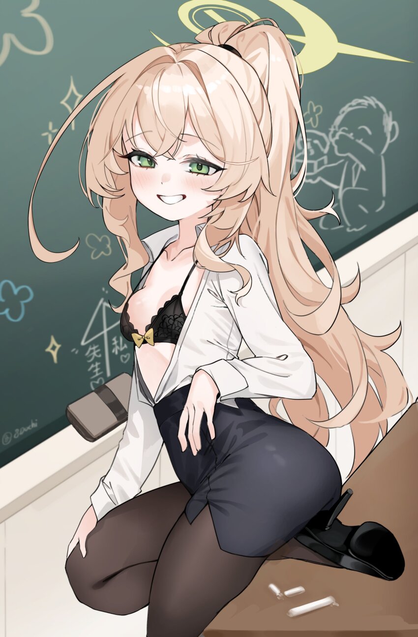 1girl absurdres black_bra black_pantyhose blonde_hair blue_archive blush bra breasts chalk chalkboard collarbone doodle_sensei_(blue_archive) green_eyes halo hand_on_own_hip hand_on_own_knee high_heels highres ka_keo long_hair looking_at_viewer miniskirt open_clothes open_shirt pantyhose ponytail professor_niyaniya_(blue_archive) professor_niyaniya_(teacher)_(blue_archive) ribbon-trimmed_bra ribbon_trim seductive_smile sensei_(blue_archive) skirt small_breasts smile solo underwear very_long_hair