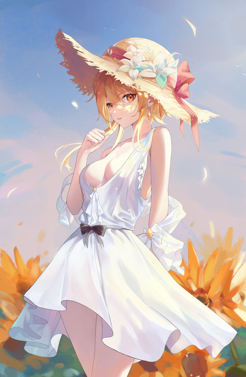 1girl absurdres bare_shoulders blonde_hair blue_sky blush breasts cleavage dress genshin_impact hat highres large_breasts looking_at_viewer lumine_(genshin_impact) medium_hair rable sidelocks sky solo straw_hat thighs white_dress yellow_eyes