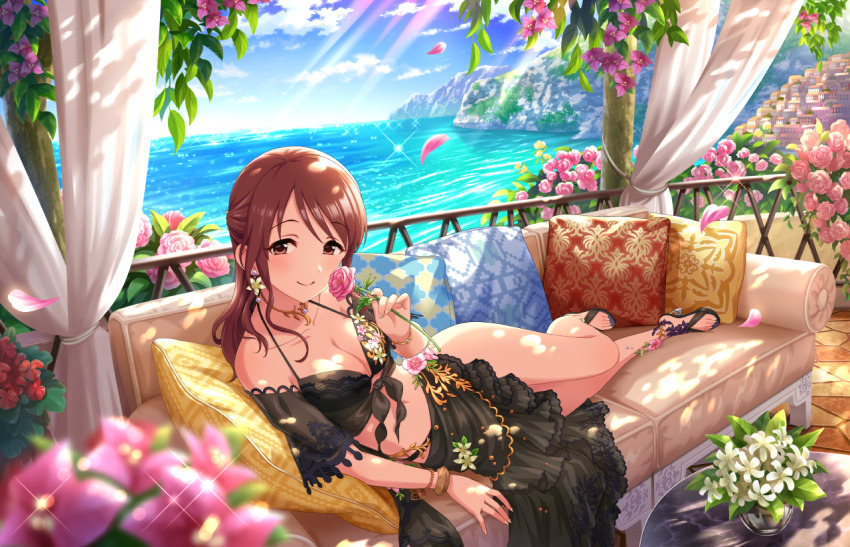 1girl bikini breasts brown_eyes brown_hair cleavage couch flower game_cg idolmaster idolmaster_cinderella_girls idolmaster_cinderella_girls_starlight_stage medium_breasts mifune_miyu official_art pillow sandals solo swimsuit water