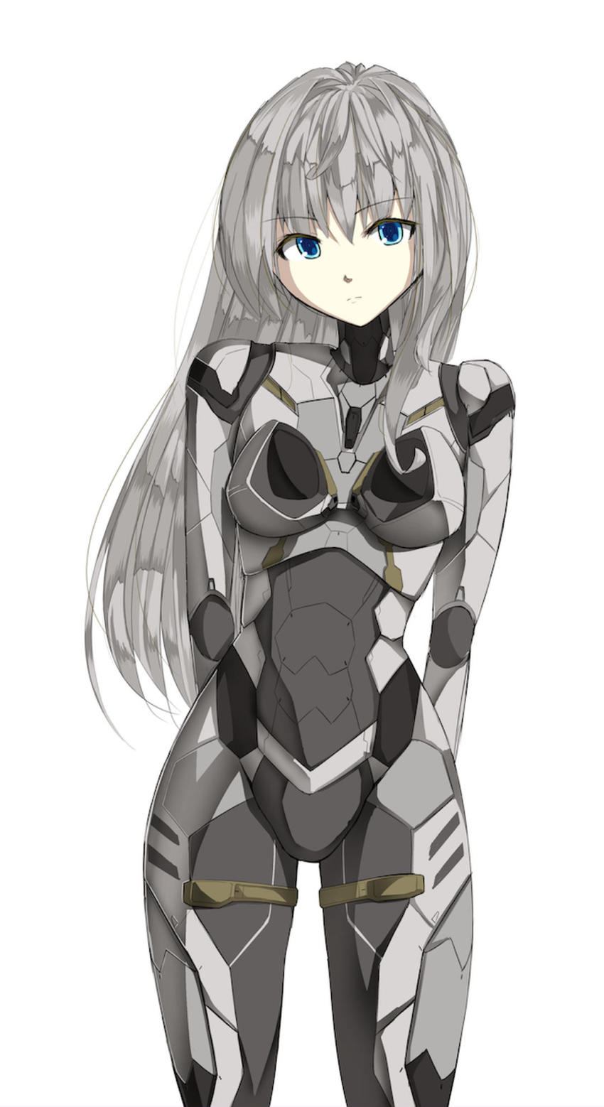 1girl armor blue_eyes breasts grey_hair head_tilt highres i.takashi long_hair looking_at_viewer medium_breasts oekaki original power_armor science_fiction solo