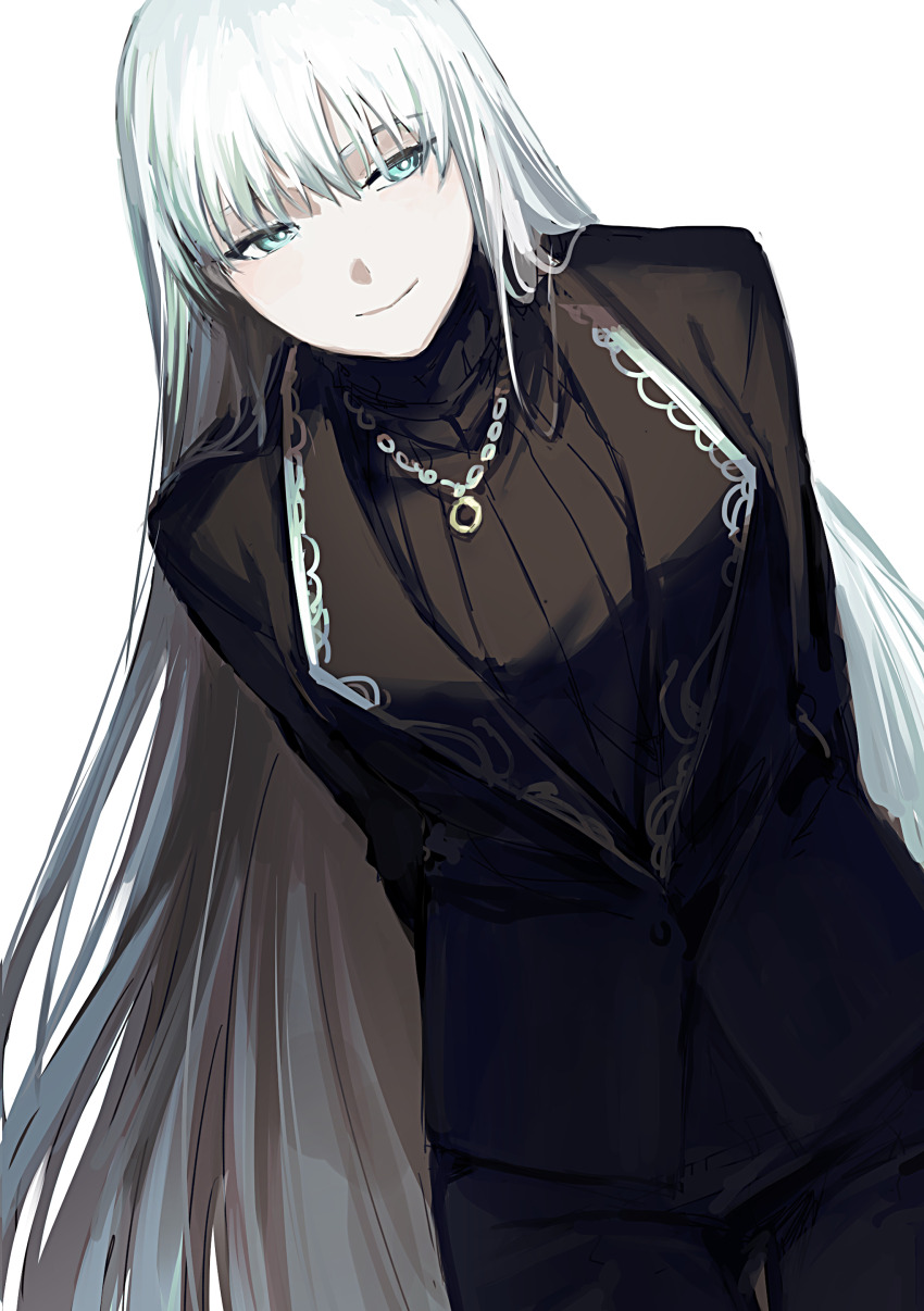 1girl absurdres angelica_(project_moon) arms_up black_jacket black_pants black_suit black_sweater closed_mouth cowboy_shot formal_clothes highres jacket jewelry lapels library_of_ruina long_hair looking_to_the_side necklace pants project_moon ribbed_sweater ring ring_necklace sagara_(pixiv_94599180) silver_trim simple_background smile solo suit sweater turtleneck turtleneck_sweater very_long_hair white_background white_hair