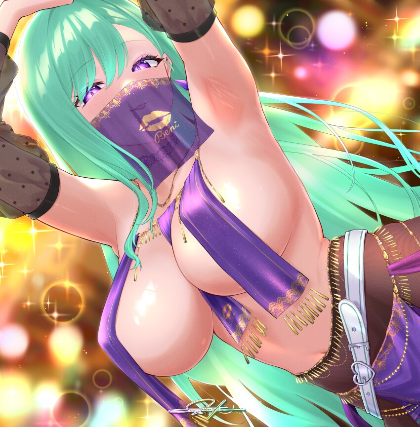 1girl absurdres armpits arms_up belt between_breasts breast_curtains breasts buckle choker commission earrings green_hair heart heart-shaped_buckle heart_belt highres jewelry large_breasts lipstick long_hair looking_at_viewer makeup muton_(muton82) necklace purple_eyes skeb_commission solo virtual_youtuber vspo! yakumo_beni