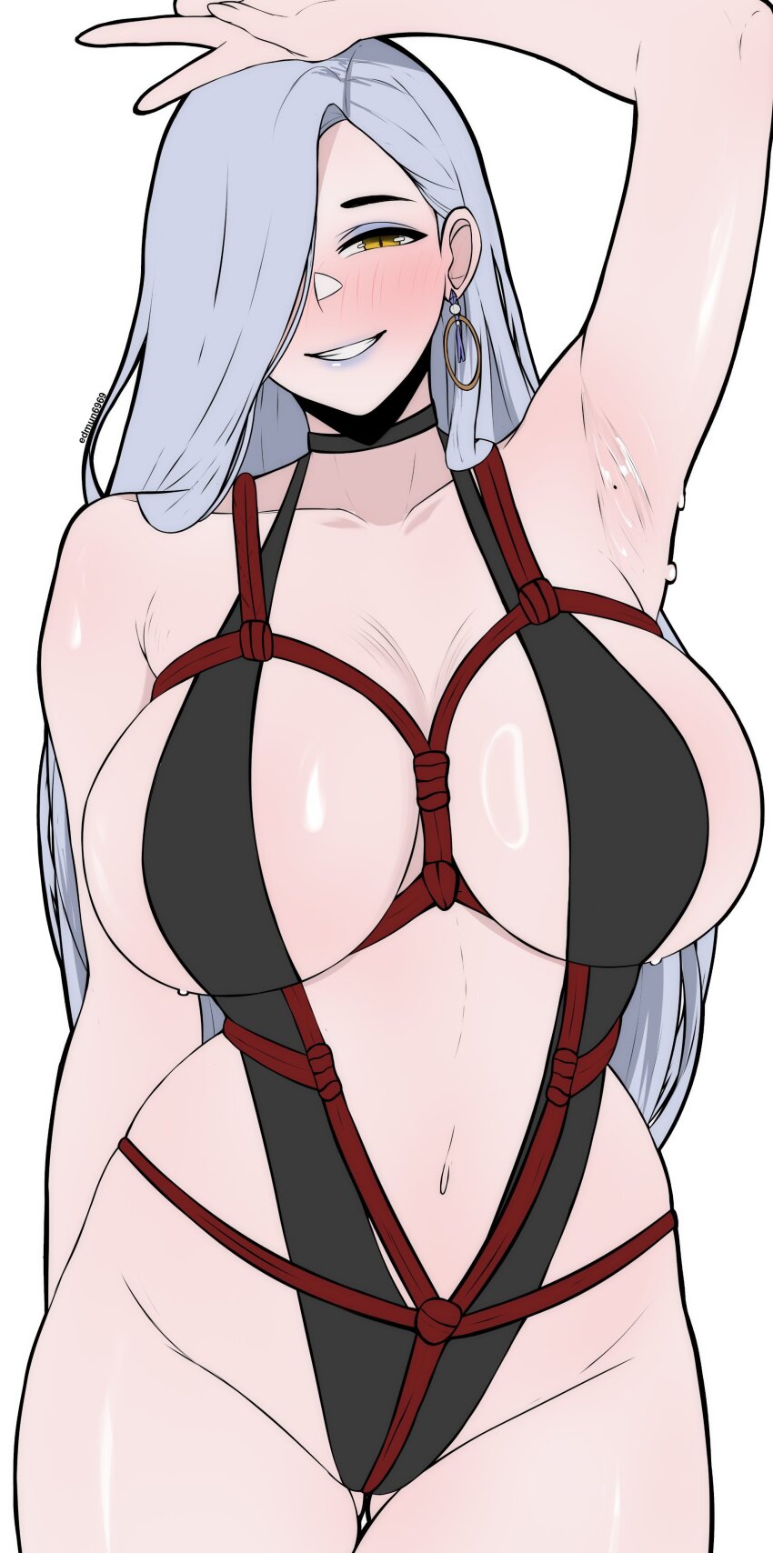 1girl absurdres arm_up armpits bare_shoulders black_one-piece_swimsuit blue_lips blush breasts center_opening choker cleavage collarbone earrings edmun6969 eyeliner fate/grand_order fate_(series) gri hair_over_one_eye highleg highleg_one-piece_swimsuit highres hoop_earrings jewelry large_breasts long_hair looking_at_viewer makeup mrs._snake_(fate) one-piece_swimsuit red_rope rope shibari solo swimsuit thighs white_hair yellow_eyes