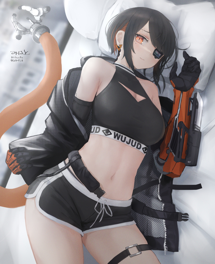 1girl artist_name bad_id bad_pixiv_id bare_shoulders black_hair black_jacket black_shorts black_sports_bra blush breasts buckle cleavage cleavage_cutout closed_mouth clothing_cutout colored_inner_hair commentary_request cowboy_shot cyborg dolphin_shorts earrings eyepatch highres jacket jewelry large_breasts long_sleeves looking_at_viewer lying mecha_musume mechanical_arms mechanical_tail midriff mihato_senba multicolored_hair navel off_shoulder on_bed on_side orange_eyes orange_hair original pillow prosthesis short_hair short_hair_with_long_locks shorts sidelocks single_mechanical_arm slit_pupils smile snap-fit_buckle solo sports_bra sumi_elias swept_bangs tail thigh_strap twitter_username two-tone_hair window