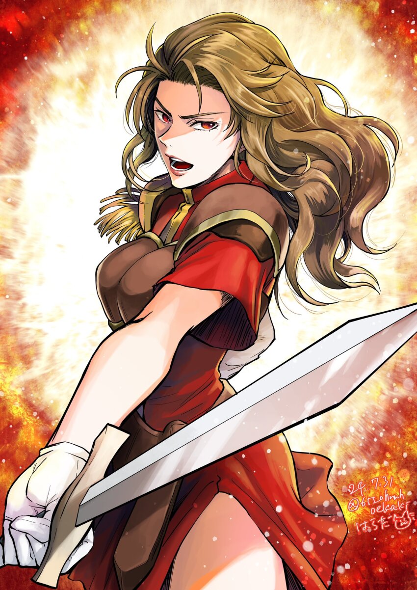 1girl armor brown_hair dress gensou_suikoden gensou_suikoden_i gloves highres hnahoekaki holding holding_sword holding_weapon lips long_hair looking_at_viewer open_mouth shoulder_armor solo sword valeria_(suikoden) weapon