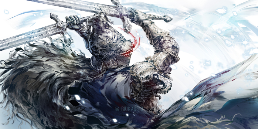 1boy attack banished_knight cape chinese_commentary commentary_request dual_wielding elden_ring eye_trail from_side gauntlets helm helmet highres holding ice light_trail riuka0813 simple_background solo sword twitter_username upper_body weapon white_background