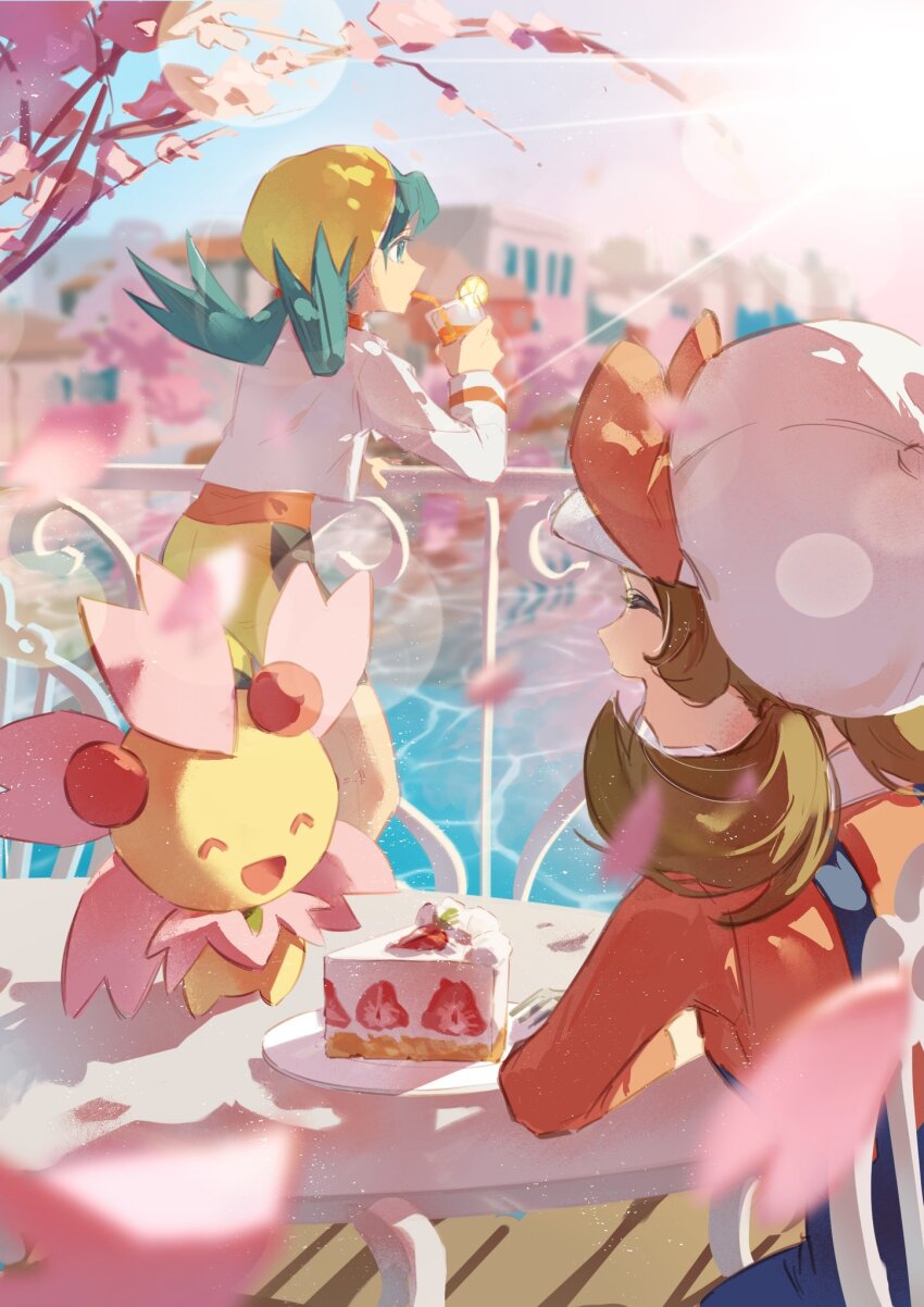 2girls :d ^_^ blue_hair blue_overalls bow brown_hair cabbie_hat cake cherrim cherrim_(sunshine) closed_eyes commentary creatures_(company) cup drinking falling_petals food game_freak gen_4_pokemon hat hat_bow highres holding holding_cup jacket krg_0603 kris_(pokemon) long_hair long_sleeves lyra_(pokemon) medium_hair multiple_girls nintendo open_mouth outdoors overalls petals pokemon pokemon_(creature) pokemon_gsc pokemon_hgss red_bow red_shirt shirt shorts smile symbol-only_commentary twintails white_hat white_jacket yellow_hat yellow_shorts