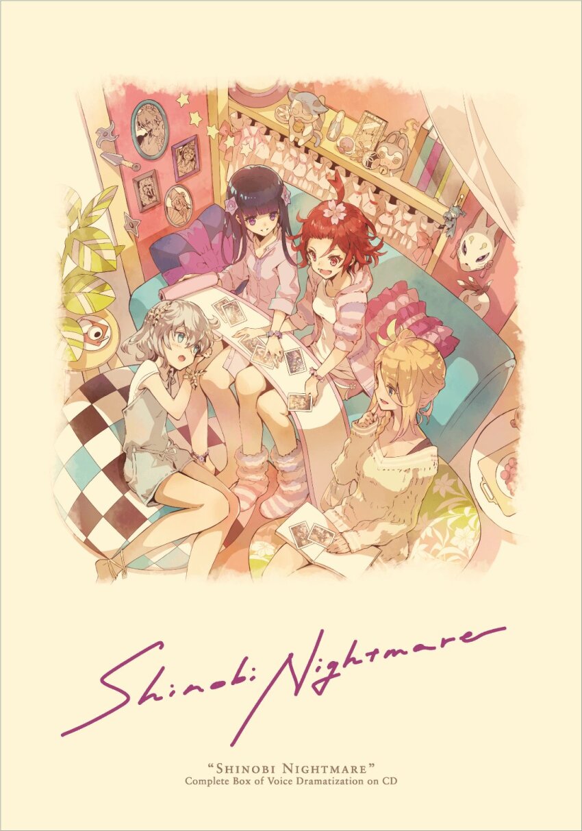 4girls ahoge blonde_hair blue_eyes collared_shirt couch cushion finger_to_cheek flower forehead fox_mask from_above grey_hair hair_flower hair_ornament highres hiiragi_(shinobi_nightmare) indoors kikyou_(shinobi_nightmare) long_hair loungewear mask multiple_girls official_alternate_costume official_art on_couch open_mouth oversized_clothes oversized_shirt photo_(object) purple_shirt red_eyes red_hair sakura_(shinobi_nightmare) scroll second-party_source shinobi_nightmare shirt shorts shuriken side_ponytail sitting weapon white_shirt yuri_(shinobi_nightmare)