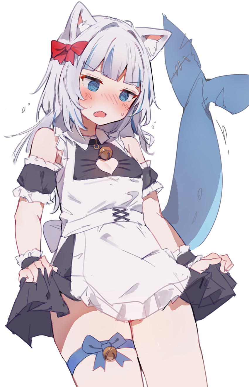 1girl alternate_costume animal_ears apron black_dress blue_eyes blue_hair blush breasts cat_ears cleavage_cutout clothes_lift clothing_cutout dress fins fish_tail gawr_gura grey_hair heart_cutout highres hololive hololive_english lifting_own_clothes looking_at_viewer maid maid_apron open_mouth orobou shark_girl shark_tail skirt skirt_lift small_breasts solo tail thigh_strap virtual_youtuber white_apron