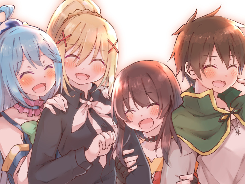 1boy 3girls :d ^_^ aqua_(konosuba) black_choker black_gloves black_shirt blonde_hair blue_dress blue_hair braid brown_hair capelet casual choker closed_eyes collarbone commentary crown_braid curled_fingers darkness_(konosuba) dress dress_shirt elbow_gloves fingerless_gloves frilled_choker frills gloves green_capelet hair_between_eyes hair_ornament hair_ribbon hair_rings hands_on_another&#039;s_arms hands_on_another&#039;s_shoulders height_difference high_ponytail ikasumi_82 kono_subarashii_sekai_ni_shukufuku_wo! long_sleeves megumin multiple_girls neckerchief open_mouth pink_choker ponytail red_dress red_ribbon ribbon satou_kazuma scratching_cheek shirt short_hair short_hair_with_long_locks side-by-side sidelocks single_hair_ring smile tunic two-tone_dress upper_body white_background white_dress white_gloves white_neckerchief white_shirt x_hair_ornament yellow_trim