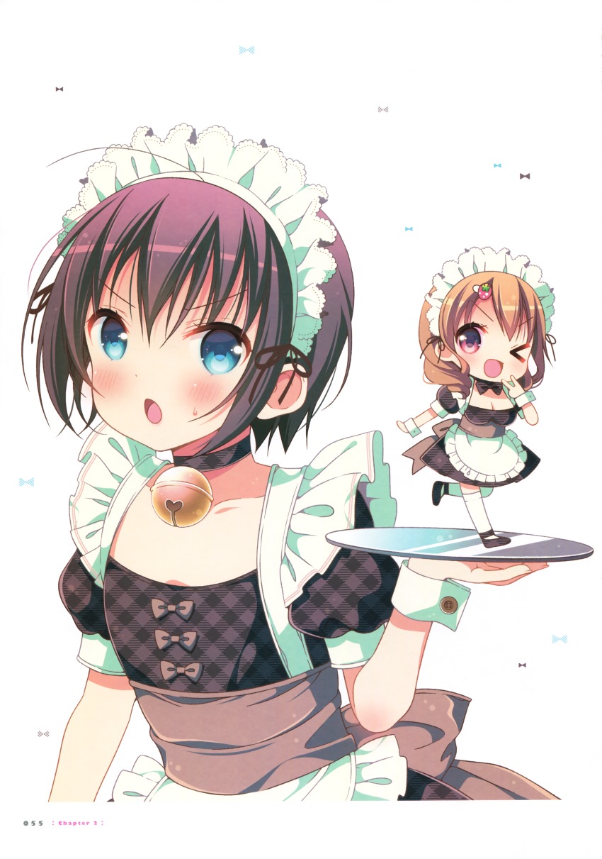 &gt;:o &gt;;d &gt;_o 2girls :o ;d absurdres apron aqua_eyes bell black_footwear black_hair blush bow bowtie breasts brown_hair chibi cleavage collar dress flat_chest highres holding holding_tray jingle_bell large_breasts maid maid_apron maid_headdress march-bunny maria_(watashi_no_tomodachi_ga_sekaiichi_kawaii) mini_person minigirl multiple_girls neck_bell on_plate one_eye_closed open_mouth page_number pink_eyes plaid_clothes plaid_collar plaid_dress puffy_short_sleeves puffy_sleeves ringlets saionji_koharu shoes short_hair short_sleeves size_difference smile standing standing_on_one_leg tray upper_body v v-shaped_eyebrows watashi_no_tomodachi_ga_sekaiichi_kawaii white_background wrist_cuffs