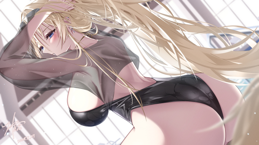 1girl 2024 absurdres ass azur_lane bismarck_(azur_lane) bismarck_zwei_(azur_lane) bismarck_zwei_(crystal-clear_holiday)_(azur_lane) black_one-piece_swimsuit blonde_hair dutch_angle earrings hair_between_eyes hands_in_hair highres indoors jewelry long_hair long_sleeves mouth_hold official_alternate_costume one-piece_swimsuit pool poolside see-through_clothes see-through_sleeves signature solo strapless strapless_one-piece_swimsuit swimsuit very_long_hair z_shitei_ero