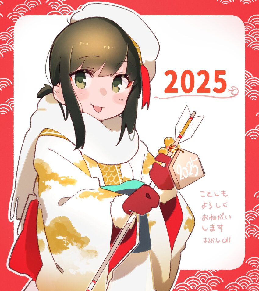 1girl 2025 arrow_(projectile) blush blush_stickers border brown_hair chinese_zodiac commentary_request ear_blush fubuki_(kancolle) fur-trimmed_gloves fur_trim gloves green_eyes hair_between_eyes hat highres holding holding_arrow japanese_clothes kantai_collection kimono looking_at_viewer low_ponytail ma_rukan medium_hair new_year outside_border ponytail print_kimono red_border red_gloves rounded_corners scarf sidelocks smile solo tilted_hat tongue tongue_out translation_request upper_body white_background white_hat white_kimono white_scarf wide_sleeves year_of_the_snake yellow_kimono