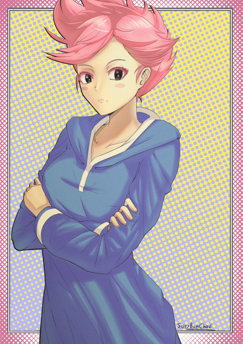 1girl blue_dress blush closed_mouth crossed_arms dress expressionless eyeshadow green_eyes highres hood hooded_dress hoodie jewelry kumatora looking_at_viewer makeup mother_(series) mother_3 nintendo pink_eyeshadow pink_hair short_hair solo sovlart