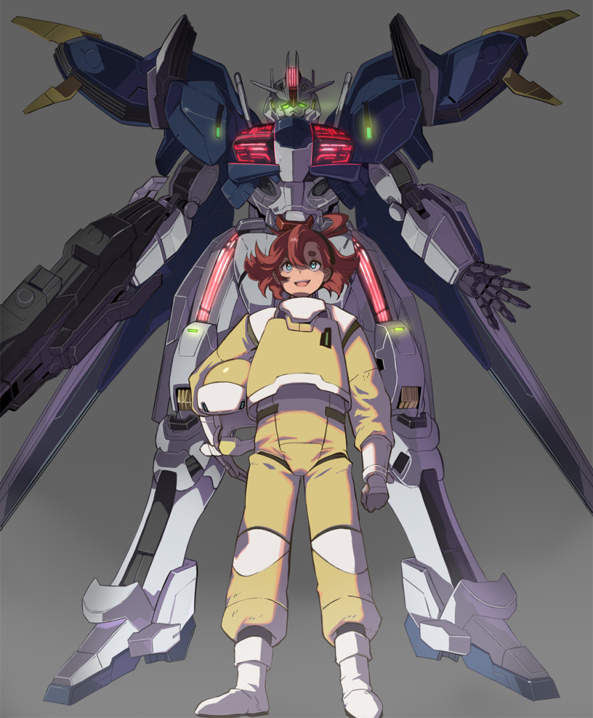 1girl ahoge beam_rifle black_hairband blue_eyes commentary_request energy_gun glowing glowing_eyes green_eyes gun gundam gundam_aerial_rebuild gundam_suisei_no_majo hairband helmet highres holding holding_gun holding_helmet holding_weapon mecha mobile_suit pilot_suit red_hair robot smile standing suletta_mercury syope v-fin weapon