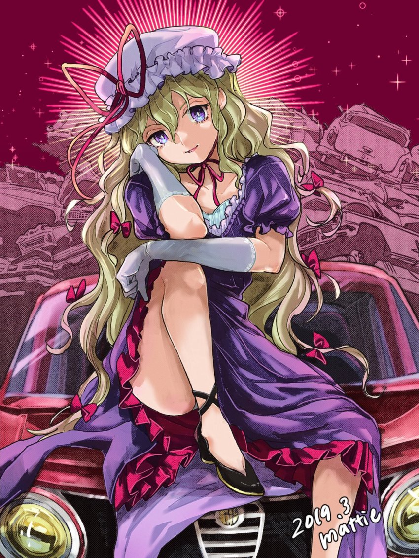 1girl artist_name black_footwear bow car chin_strap collarbone commentary_request dated dress elbow_gloves gloves hair_bow hat hat_ribbon highres junkyard looking_at_viewer mattie mob_cap motor_vehicle on_car on_vehicle petticoat pointy_footwear puffy_short_sleeves puffy_sleeves purple_dress purple_eyes red_bow red_ribbon ribbon shoes short_sleeves solo touhou white_gloves yakumo_yukari