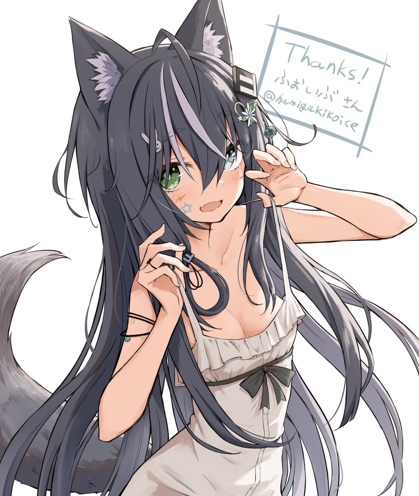 1girl :d absurdres animal_ear_fluff animal_ears black_hair blue_eyes breasts claw_pose cleavage commission dress fang green_eyes hamigakikoice heterochromia highres lifting_own_clothes long_hair looking_at_viewer medium_breasts multicolored_hair open_mouth original skeb_commission skin_fang sleeveless sleeveless_dress smile strap_lift streaked_hair tail white_hair